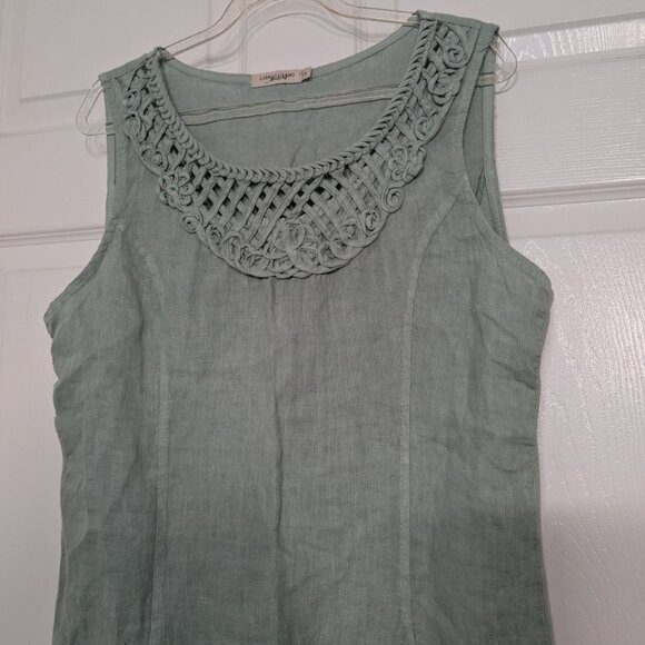 Lungo Larno Crochet Linen Dress Womens Size Small Green Italian Sleeveless Shift - Picture 2 of 13